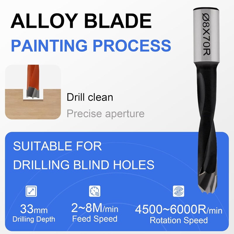 CDBP 8mm Diameter Carbide Tipped Brad Point Boring Bit Dowel Drill Bits 8mm Dia x 70mm Long x 10mm Shank, Left Hand Rotation - Image 3